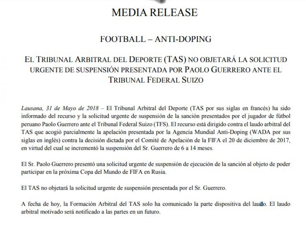 Paolo Guerrero sí jugará el Mundial de Rusia, procedió su apelación