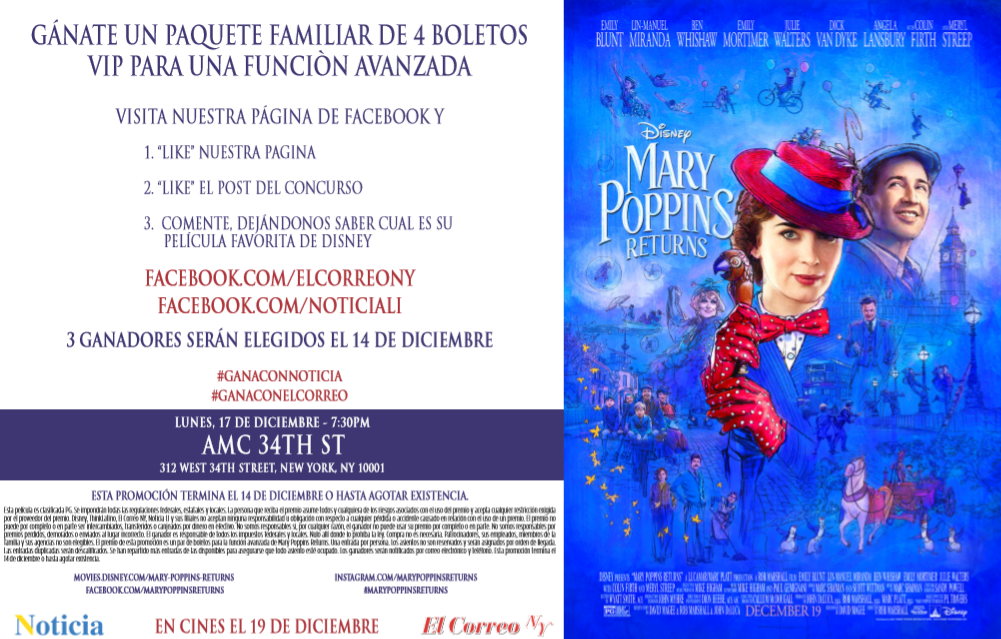 Gánate 4 Boletos VIP para la película Mary Poppins Returns de Disney