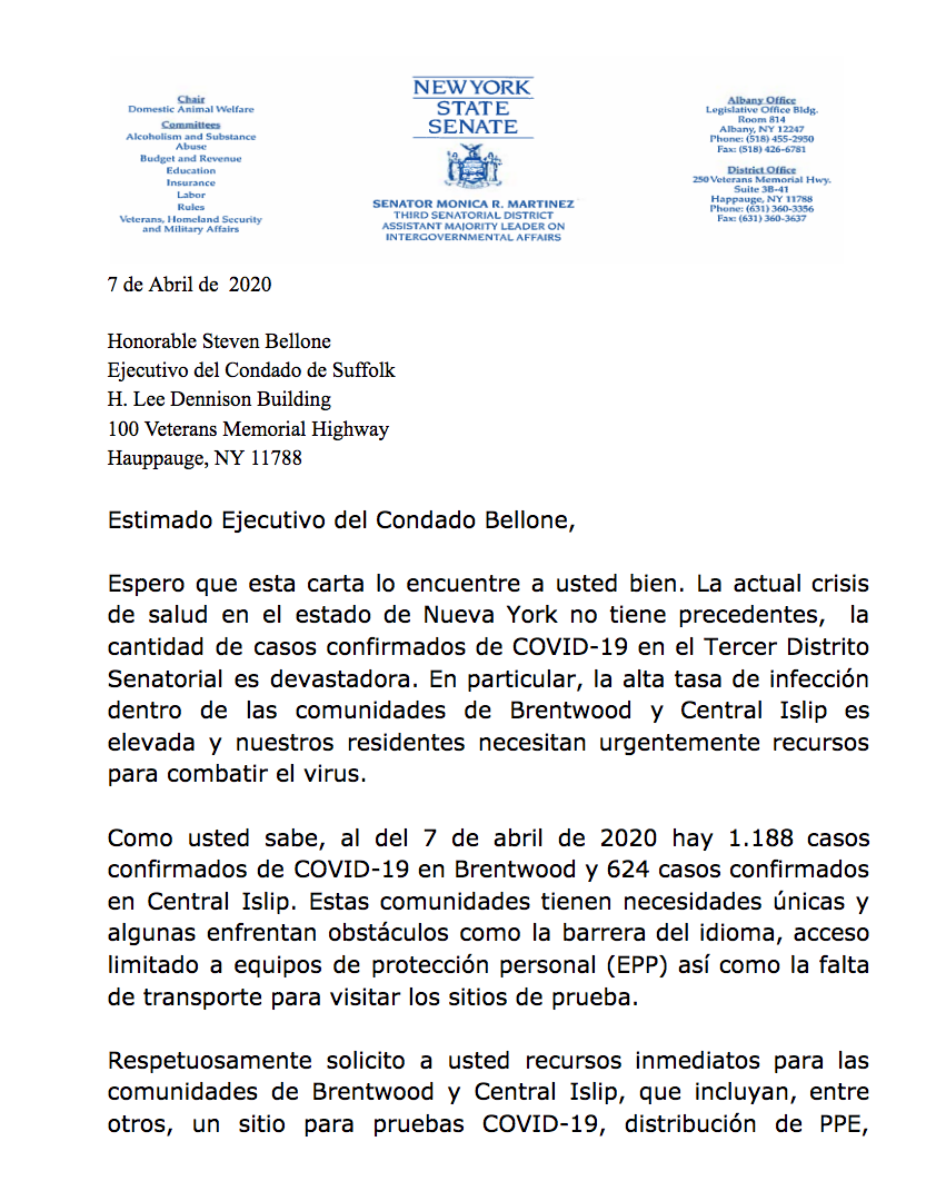 Senadora Martínez exige más recursos para combatir el Coronavirus en Brentwood y Central Islip