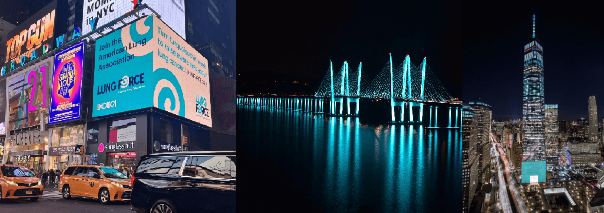 La American Lung Association ilumina en color turquesa edificios y puntos de referencia, y comparte historias de héroes sobrevivientes para concientizar sobre el cáncer de pulmón. Foto: @LUNGFORCE