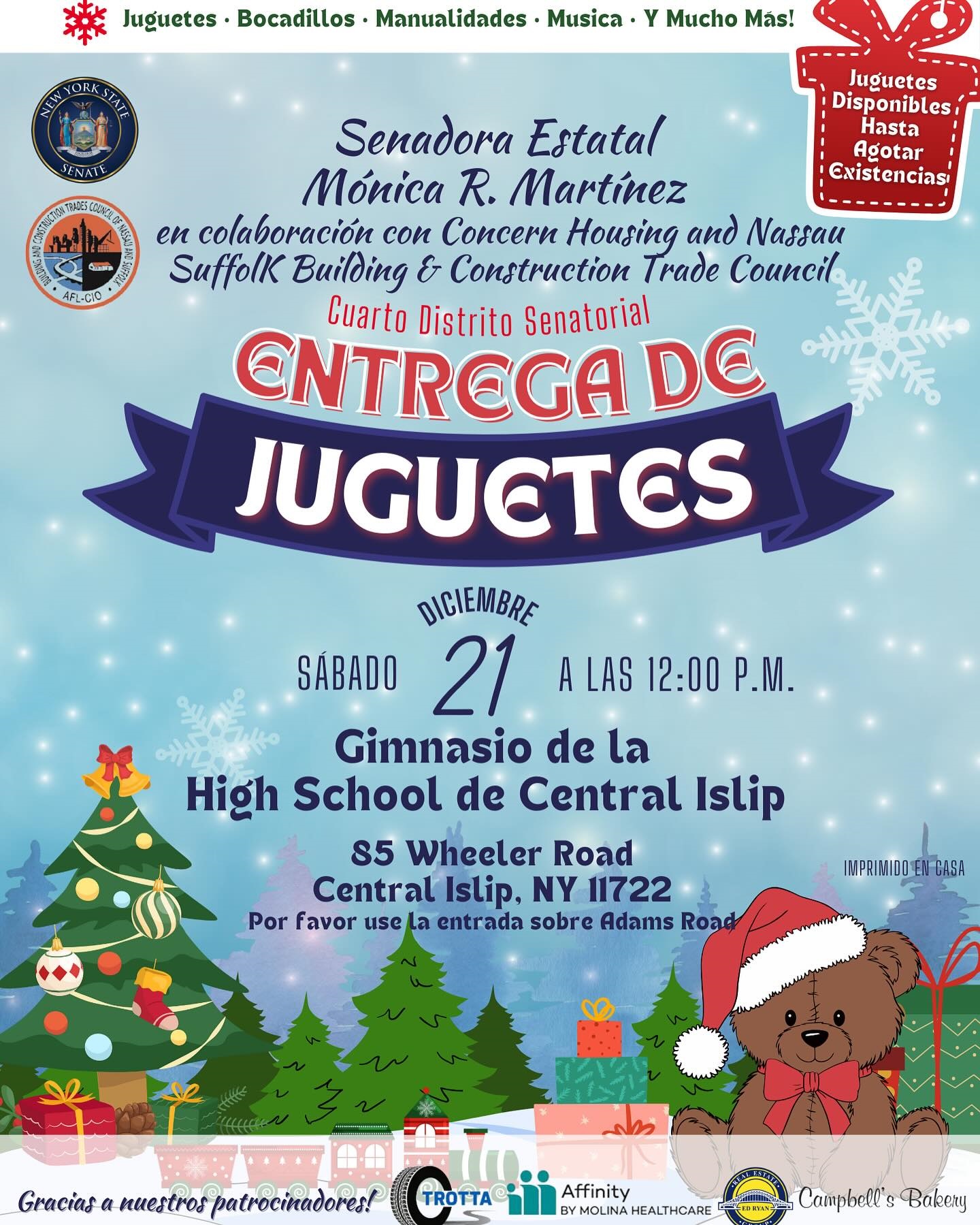 Senadora Martínez y socios comunitarios regalarán juguetes en Central Islip